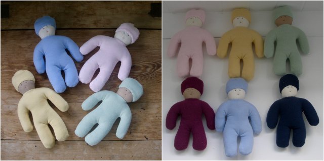 Plainlycanvas cloth dolls. The four lighter coloured ones are made from organic bamboo/cotton fabric. The darker fabric is polar fleece.